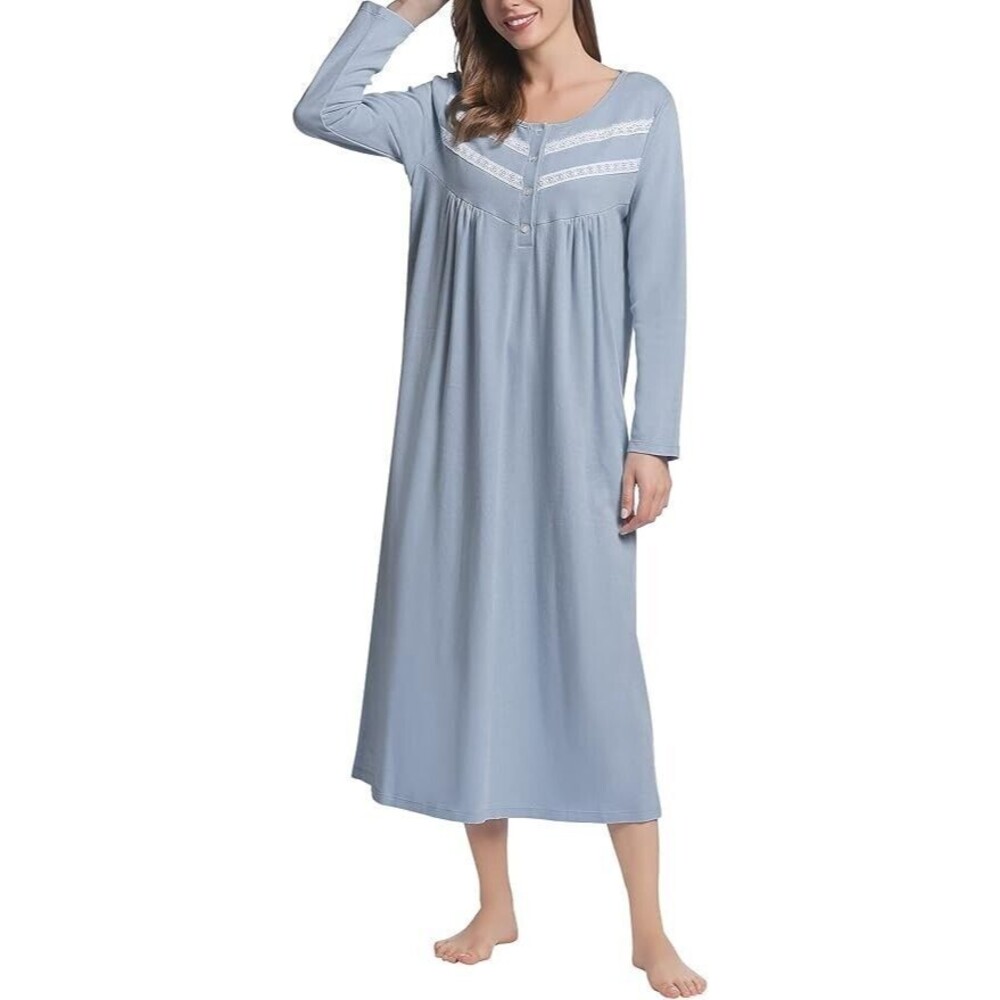 Joyaria Double Brushed 100% Cotton Flannel Nightgown Women Long Sleeve Thick S